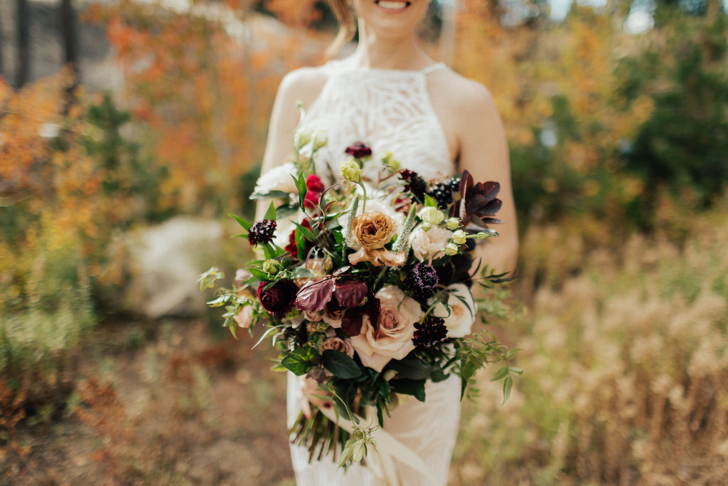 Kathleen & Carter's Rustic Autumnal Forrest Wedding in Kirkwood, California | Autumn Bridal Bouquet | Tallulah Ketubahs