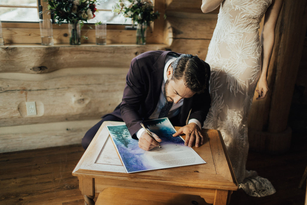 Kathleen & Carter's Rustic Autumnal Forrest Wedding in Kirkwood, California | Signing the Tall Trees in the Moonlight Ketubah | Tallulah Ketubahs