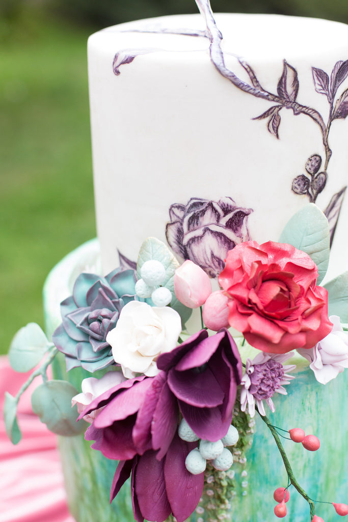 Elegant Styled Wedding Shoot at The Morris Arboretum | Floral and Succulent Wedding Cake | Tallulah Ketubahs