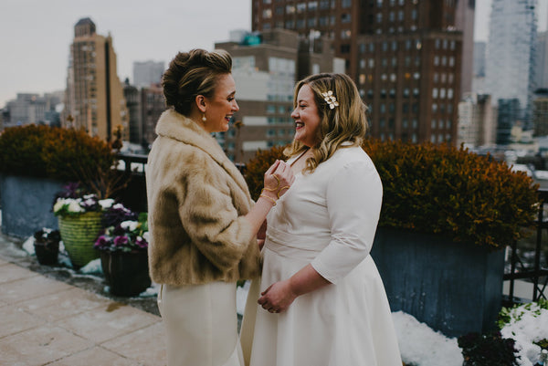 Jenna and Emily's Hip and Intimate Interfaith & Same-Sex Wedding in New York City | Rooftop First Look | Tallulah Ketubahs