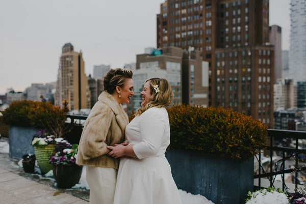 Jenna and Emily's Hip and Intimate Interfaith & Same-Sex Wedding in New York City | Rooftop First Look | Tallulah Ketubahs
