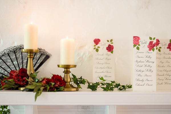 Spanish Rose Inspired Wedding at Bolingbroke Mansion | Hand Painted Rose Escort Cards with Black Calligraphy | Tallulah Ketubahs