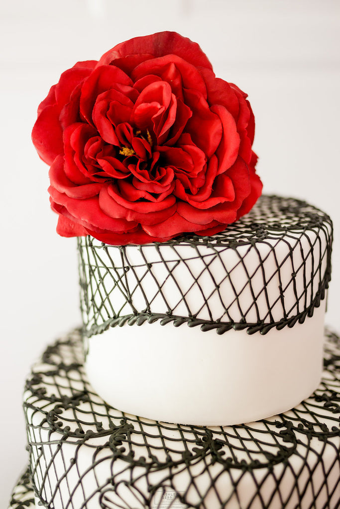 Spanish Rose Inspired Wedding at Bolingbroke Mansion | Wedding Cake with Black Lace Piping and Red Rose Topper | Tallulah Ketubahs