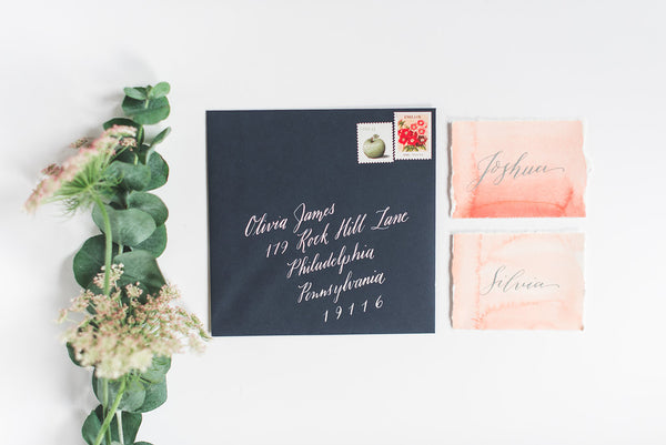 Navy Envelope with Modern Calligraphy in white ink