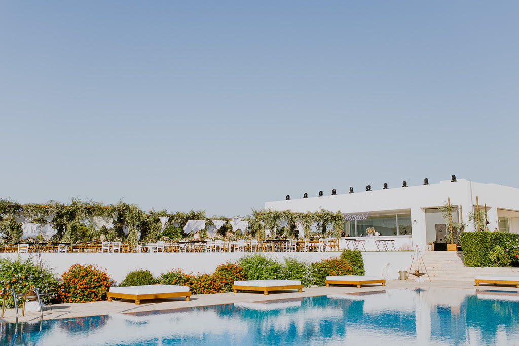 Celine & Jad - Luxury Bespoke Destination Wedding in Spetses Island, Greece | Romantic Outdoor Poolside Tablescape | Tallulah Ketubahs