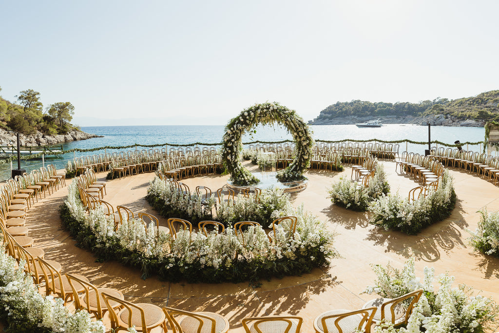 Celine & Jad - Luxury Bespoke Destination Wedding in Spetses Island, Greece | Circular Ceremony Seating | Romantic Floral Wedding Ceremony | Tallulah Ketubahs