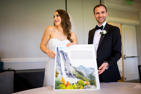 Ellen & Adam - Wedding at the Ritz Carlton, Half Moon Bay | Signing the Ketubah | Yosemite Falls Custom Ketubah | Tallulah Ketubahs