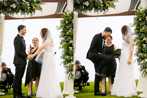 Ellen & Adam - Wedding at the Ritz Carlton, Half Moon Bay | Outdoor Ceremony Under Floral Wedding Canopy/Chuppah | Breaking the Glass | Tallulah Ketubahs