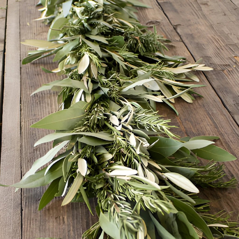 Bay Leaves Rosemary olive fresh garlands close up