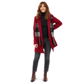  woman wearing red Missy Snap Front Coat open front view

