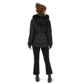  woman wearing black Missy Belted Puffer back view
