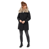 Load image into Gallery viewer, woman wearing black Missy Anorak Jacket with Buffalo Plaid Lining closed front view
