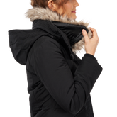 Load image into Gallery viewer, woman wearing black Missy Anorak Jacket with Buffalo Plaid Lining collar details
