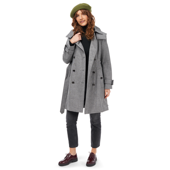 woman wearing charcoal colored Missy Double-Breasted Heritage Trench open front view