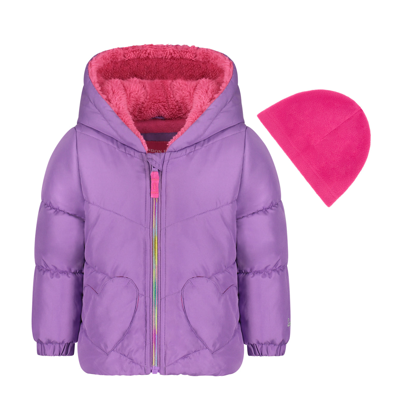 purple puffer jacket for girls with pink beanie