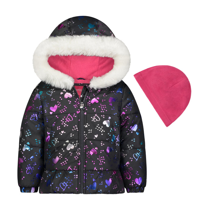 Girls' heavyweight puffer grey jacket with metallic heart pattern and zip-up closure with fleece lining, pink fleece beanie and faux-fur hood trim
