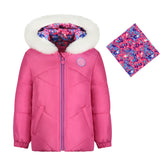 Load image into Gallery viewer, Girls&#39; heavyweight fuchsia puffer with faux-fur trim and fleece neck gaiter.
