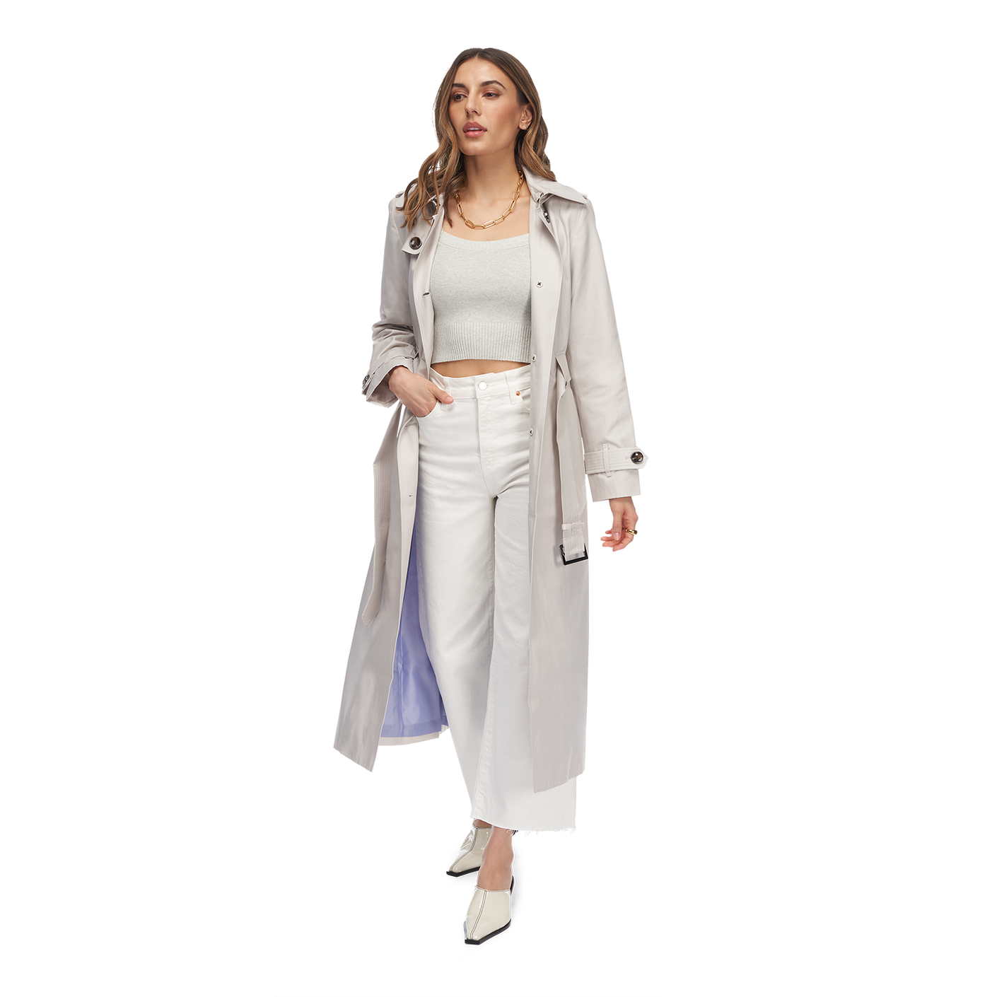 Pebble || woman wearing pebble maxi trench coat front view