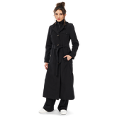  woman wearing black Missy Long Single-Breasted Bib Trench closed front view
