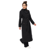  woman wearing black Missy Long Single-Breasted Bib Trench closed side view
