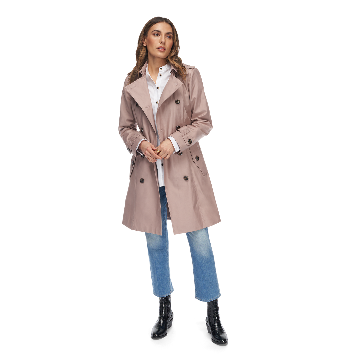 Rosewood || Women's Double-Breasted ROSEWOOD Trench Coat with Removable Hood front view