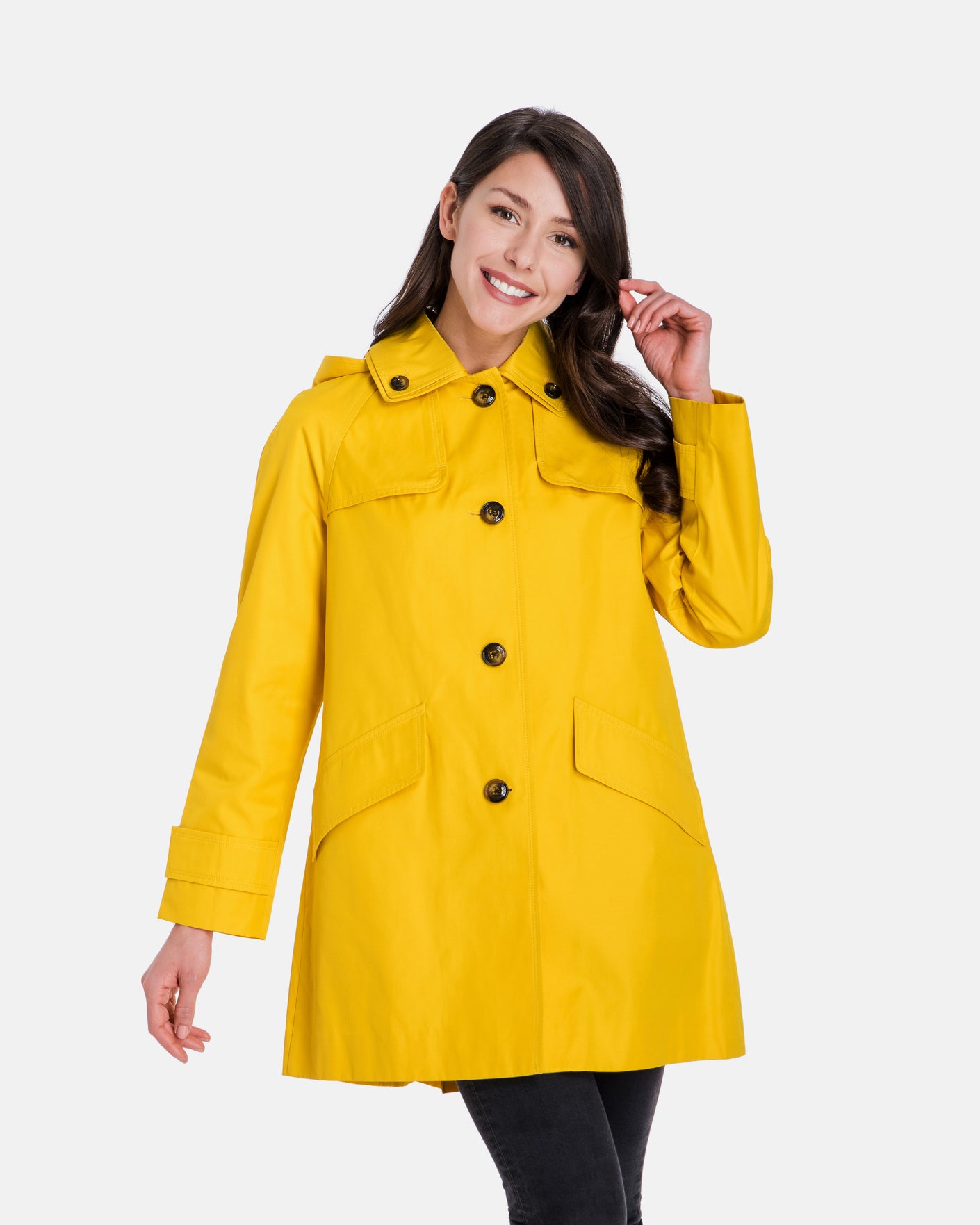 Lemon || woman wearing lemon colored Single Breasted Walker Coat with Detachable Hood closed front view