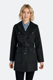  Woman wearing black safari belted trench coat front view
