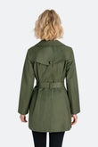  Woman wearing loden safari belted trench coat back view
