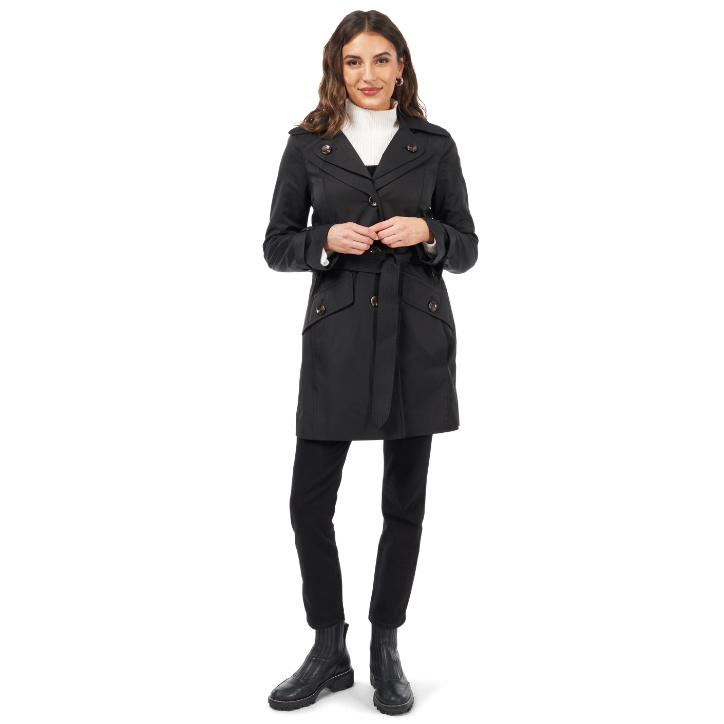 Black || woman wearing black Missy Single-Breasted Double Collar Coat closed front view