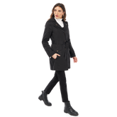  woman wearing black Missy Single-Breasted Double Collar Coat closed side view
