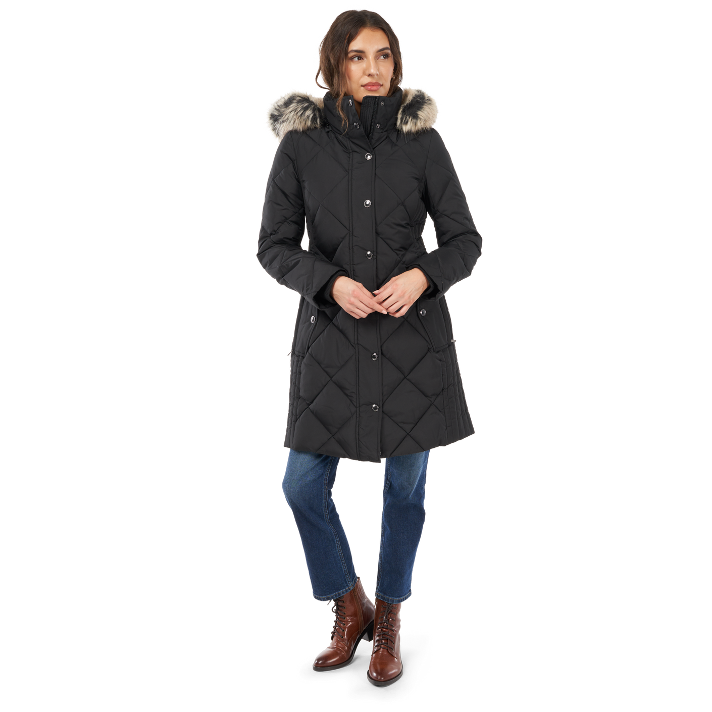 Black || woman wearing black Missy Diamond Quilt Coat closed front view