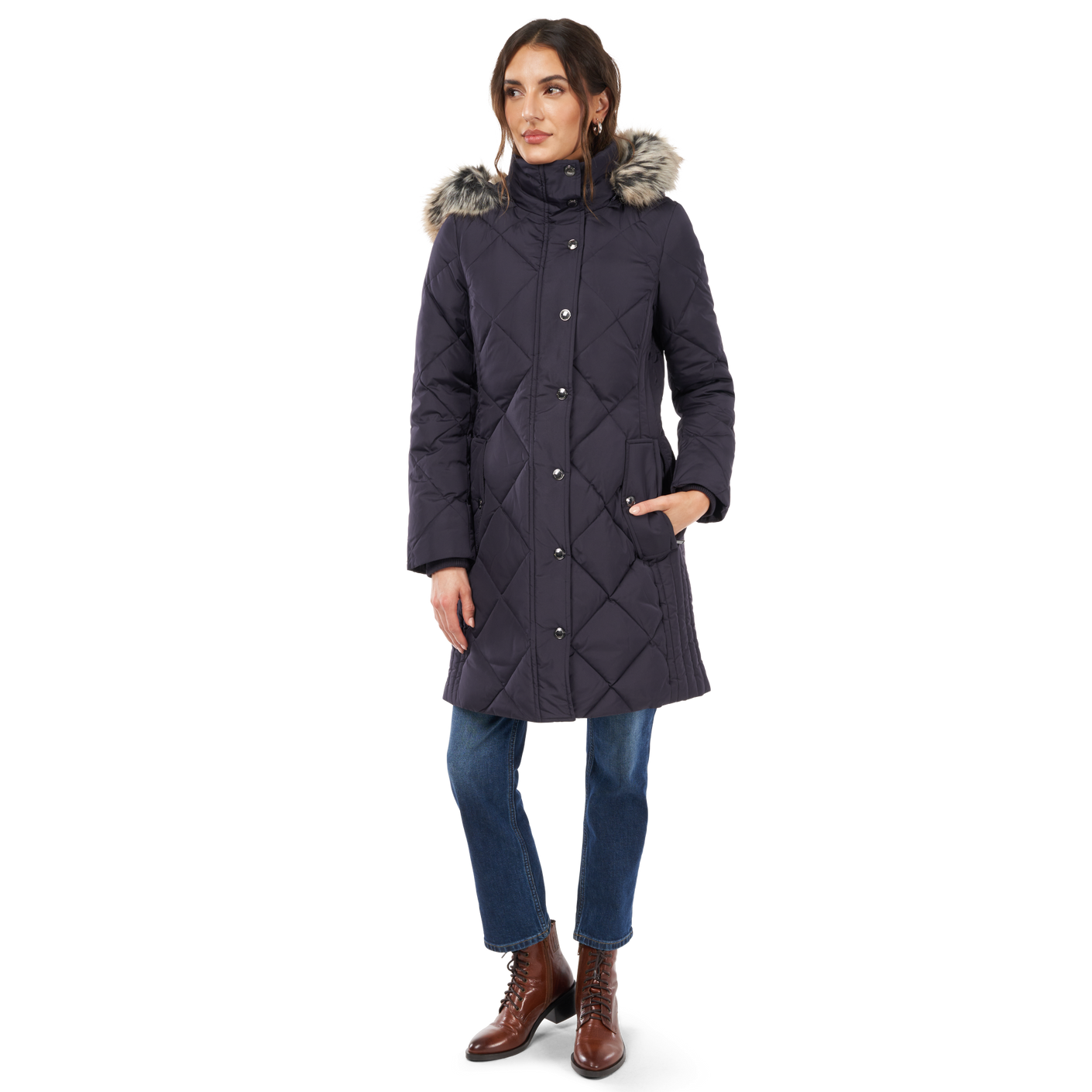 Blackberry || woman wearing blackberry colored Missy Diamond Quilt Coat closed front view