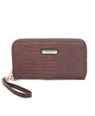  brown wallet with handle strap and gold-colored zipper
