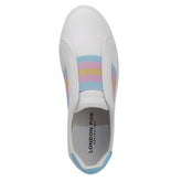  top of white slip-on sneaker shoe with aqua stripe

