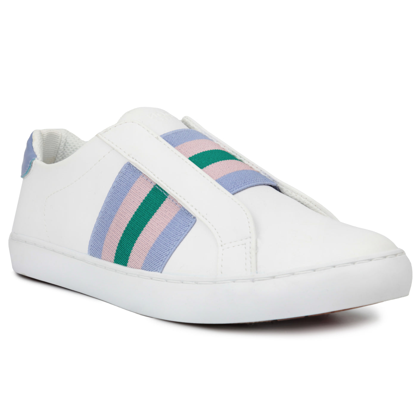 periwinkle stripe || white slip-on sneaker shoe with periwinkle stripe