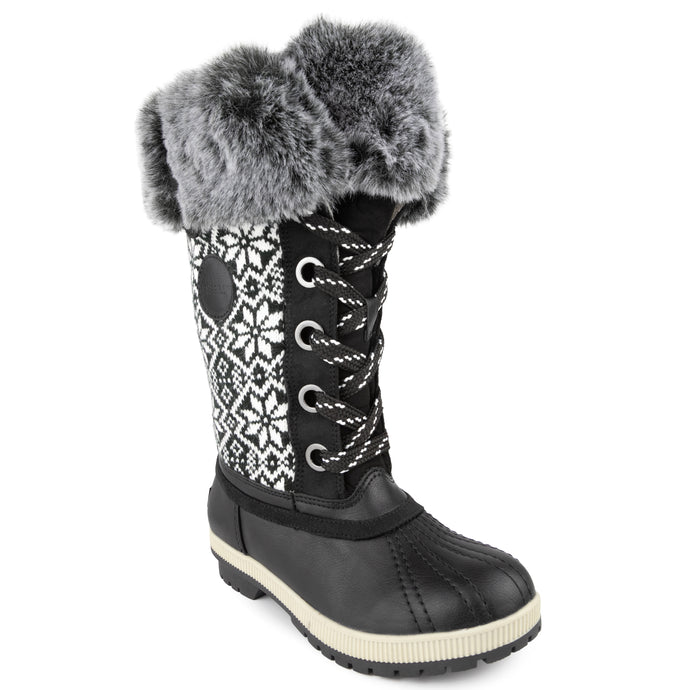 black/grey faux leather snow boots