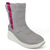  gray pull-on snow boot with pink stripe
