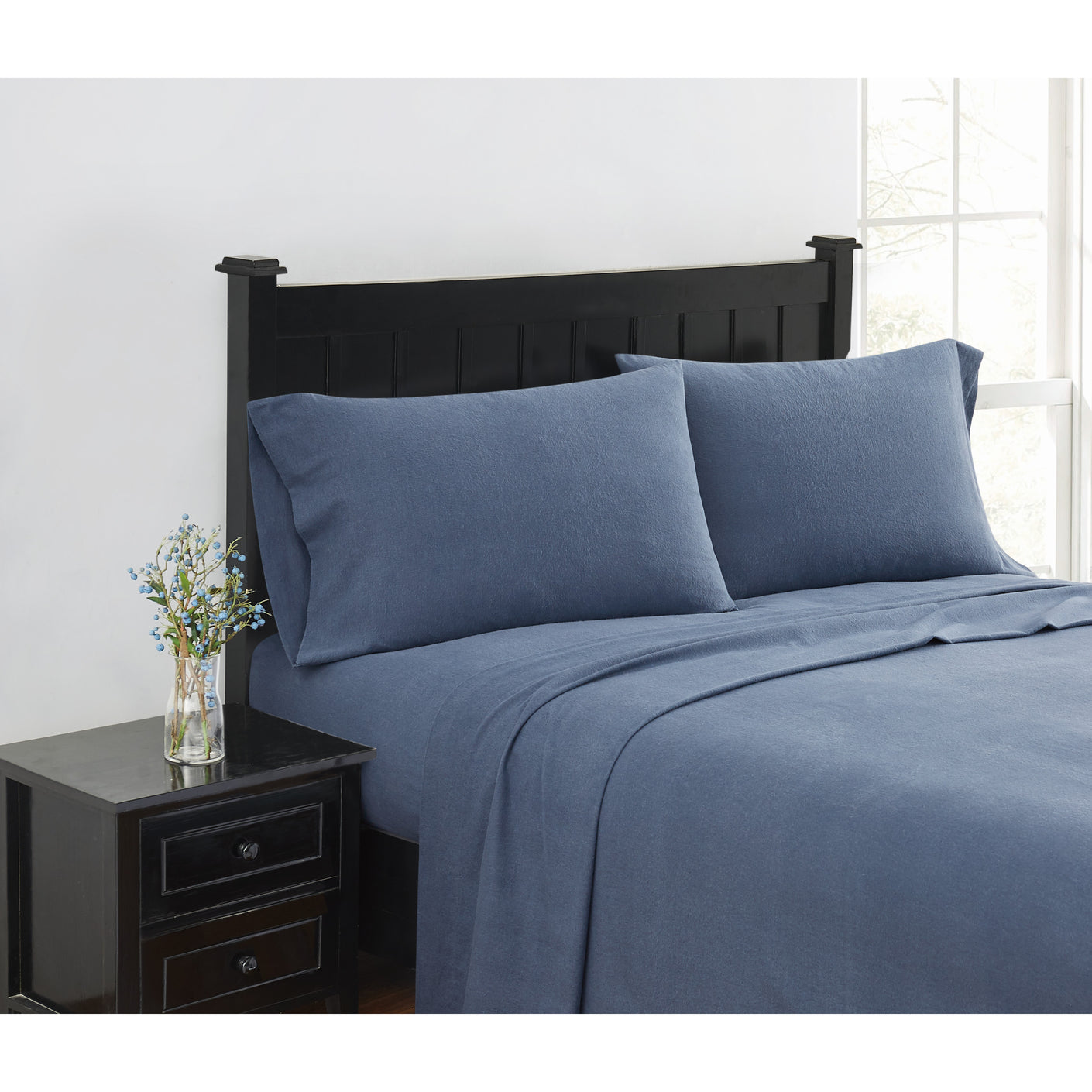 Solid Blue || blue flannel sheet set on bed
