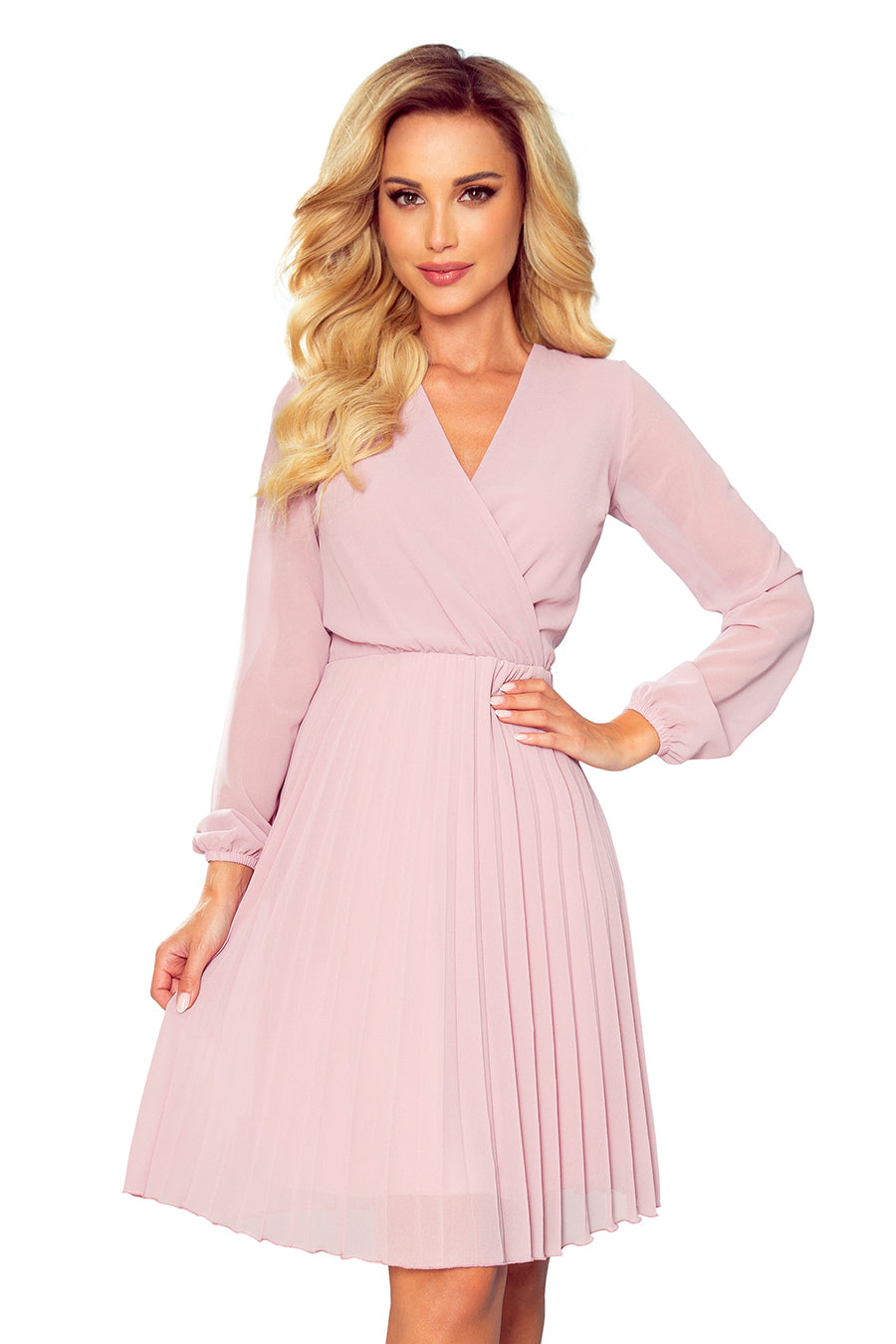 ISABELLE Pleated dress with neckline and long sleeve - powder pink-latestarrive.myshopify.com