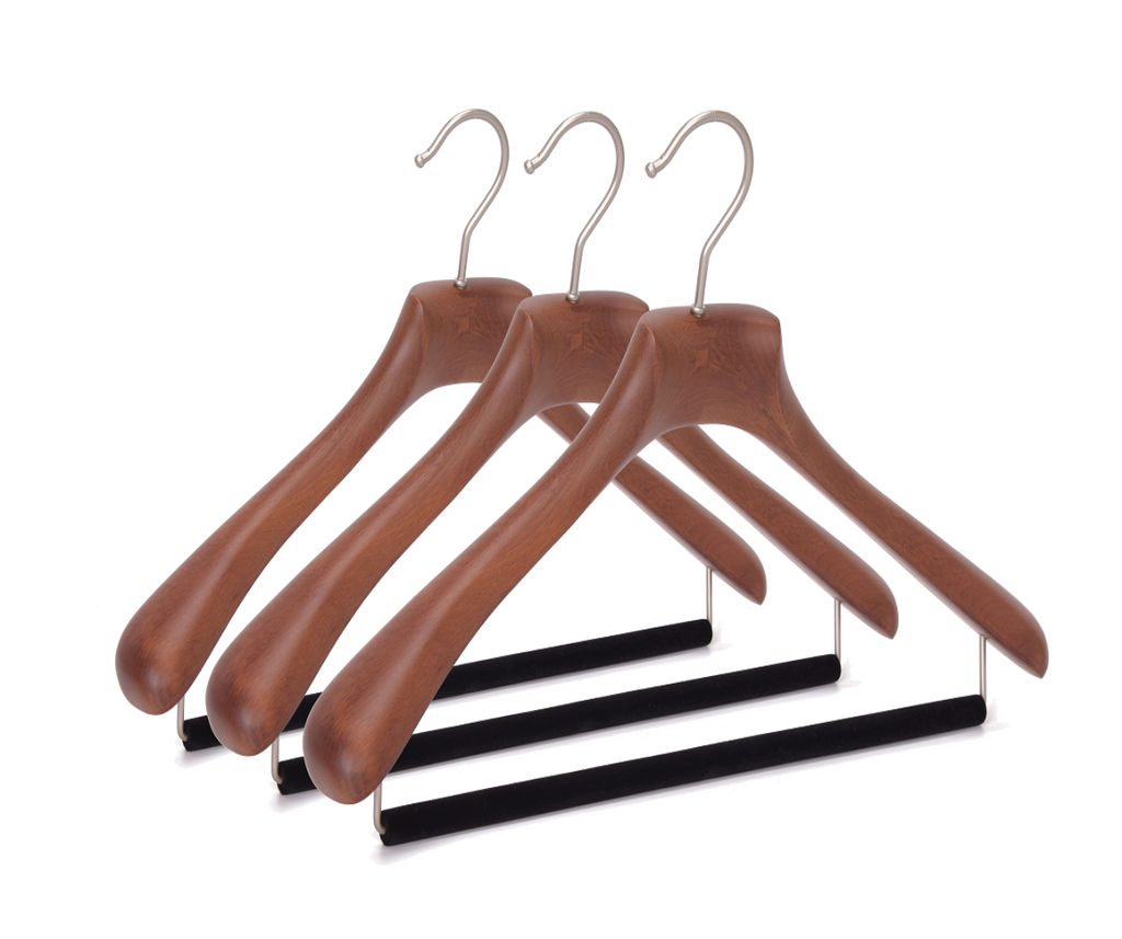 Quality Luxury Curved Wooden Suit Hangers Wide Wood Hanger for Coats and Pants with Velvet Bar Mahogany Finish 2
