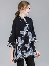 Women's Blouses Crane Print Loose Oversized Blouse