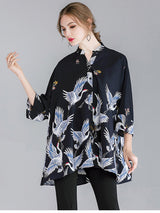 Women's Blouses Crane Print Loose Oversized Blouse