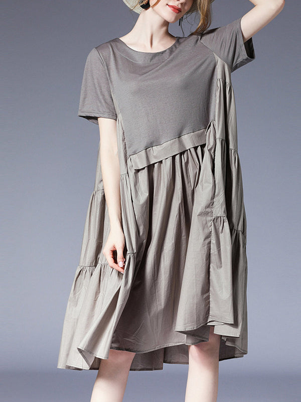 Women’s Dresses Loose Plus Size Round Neck Short Sleeve Stitching Midi Dress