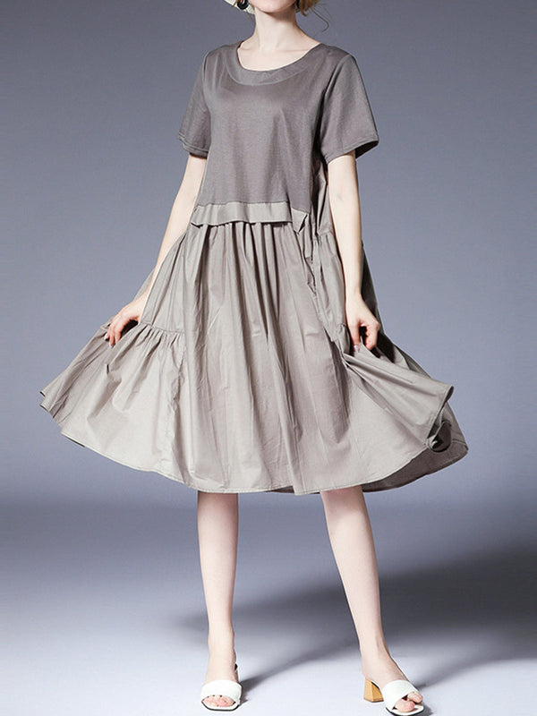 Women’s Dresses Loose Plus Size Round Neck Short Sleeve Stitching Midi Dress