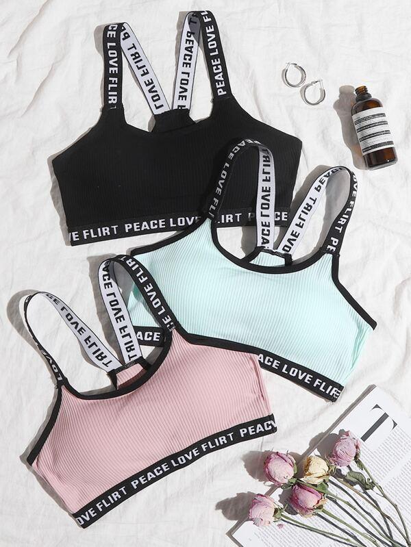 3pack Rib Letter Tape Bra Set - INS | Online Fashion Free Shipping Clothing, Dresses, Tops, Shoes