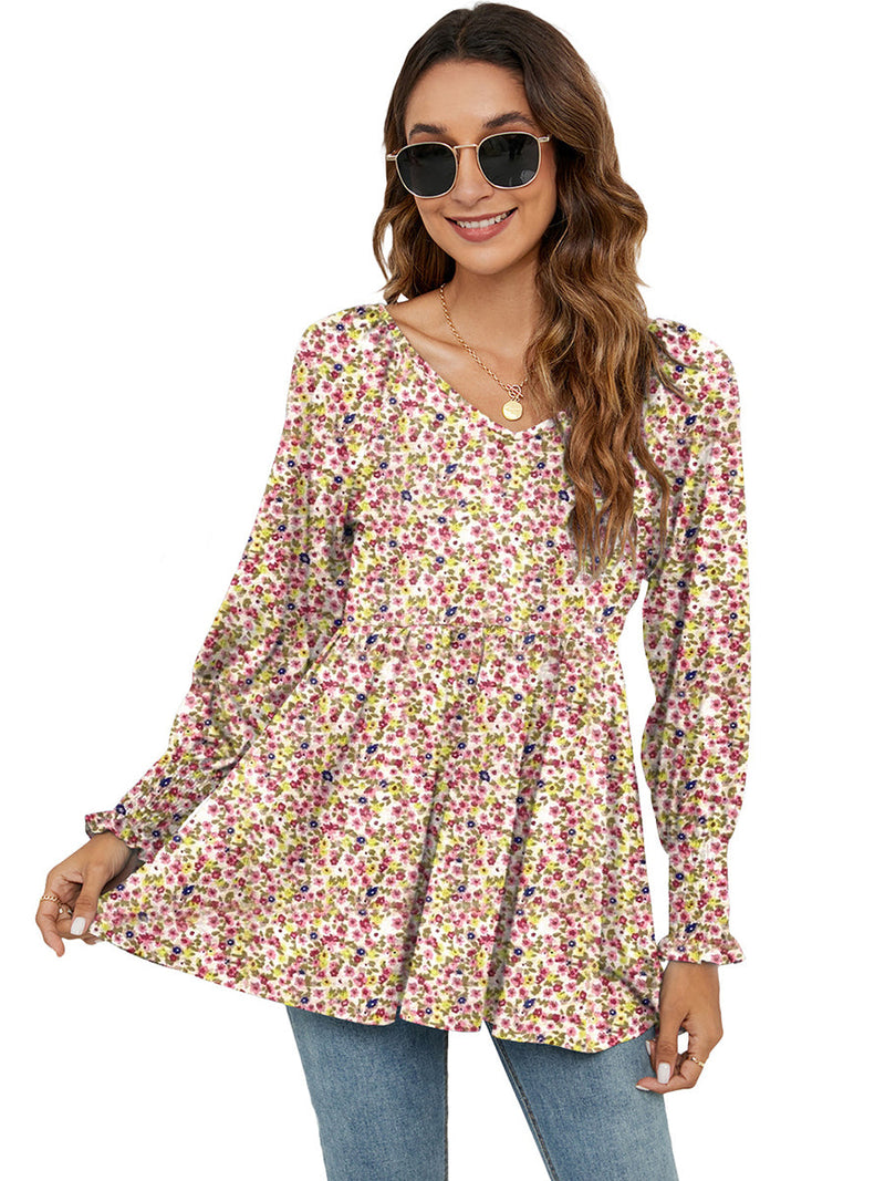 Blouses Women's Blouse Printed Bubble Long-Sleeved Waist Blouses MsDressly