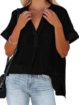 Women's Blouses V-Neck Thin Loose Plaid Short-Sleeved Blouse