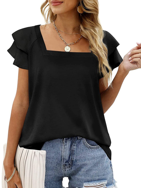 Women’s T-Shirts Solid Color Square Neck Double Layer Petal Sleeve T-Shirt