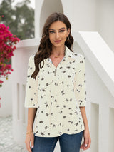 Women's T-Shirts Button Floral Loose Sleeve T-Shirt