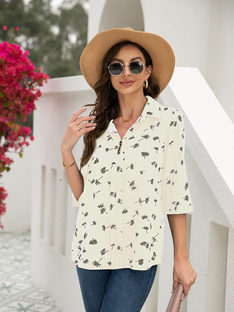 Women's T-Shirts Button Floral Loose Sleeve T-Shirt